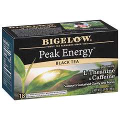 Bigelow Peak Energy tea bags in a six-pack box for easy pantry storage.