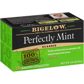 Bigelow Perfectly Mint Black Tea bags ready for brewing with mint notes.
