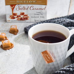 Bigelow Salted Caramel Black Tea bags foil wrap closeup highlights peak flavor