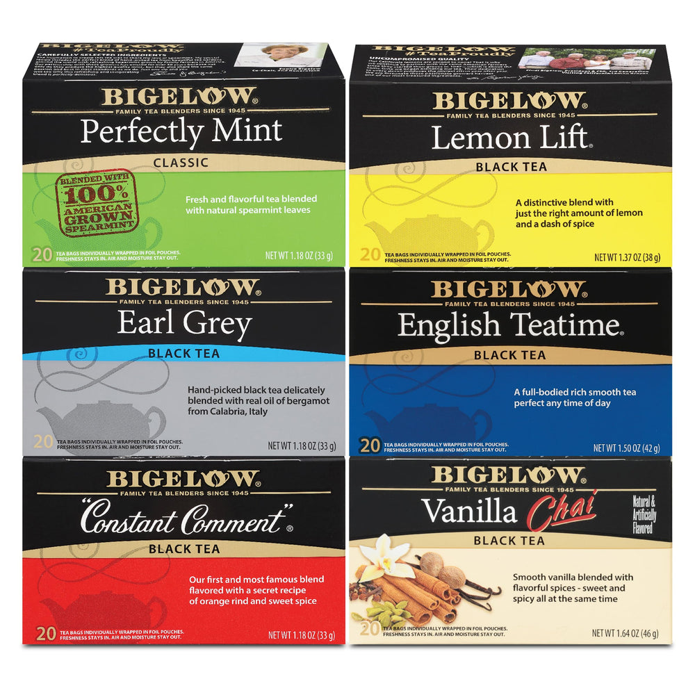Bigelow caffeinated black tea variety pack with 120 foil-wrapped bags.