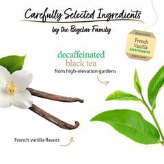 Box of Bigelow French Vanilla decaf tea on kitchen counter