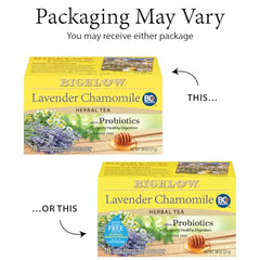 Close-up of Bigelow Lavender Chamomile probiotic tea bags ready for brewing