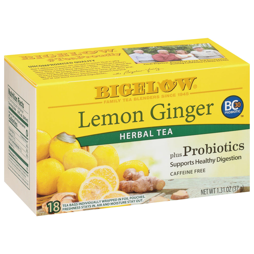 Bigelow Tea Lemon Ginger Probiotics cup highlighting soothing flavor and digestive balance benefits.