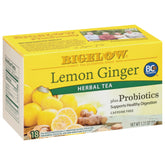 Bigelow Tea Lemon Ginger Probiotics cup highlighting soothing flavor and digestive balance benefits.
