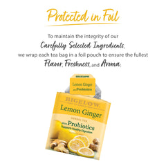 Bigelow Lemon Ginger Probiotics ingredients emphasize real lemon and ginger flavor profile.