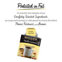 Bigelow Vanilla Caramel tea close-up highlights natural flavors and calorie-free indulgence.