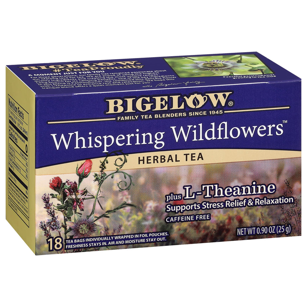 Bigelow Whispering Wildflowers tea bags for a caffeine-free ritual.