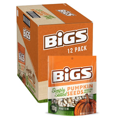 BIGS pumpkin seeds simply salted bags showing resealable packaging for on-the-go snacking.