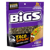 BIGS Taco Supreme sunflower seeds closeup bag highlighting bold flavor and resealability.