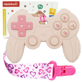 BIGSPINACH cool remote game teether pink finish for babies with tactile pops and grip.