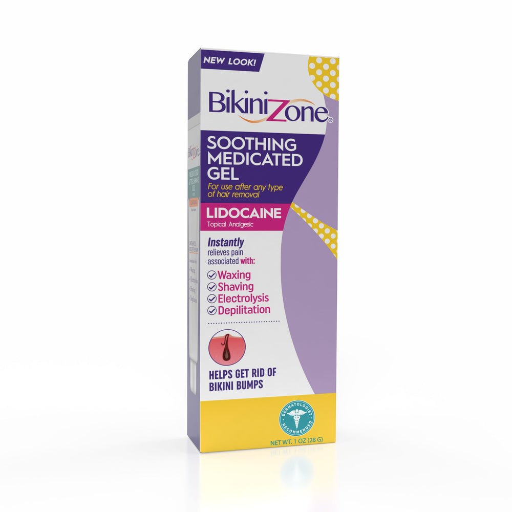 Bikini Zone meditated after shave gel bottle delivers quick pain relief after shaving.