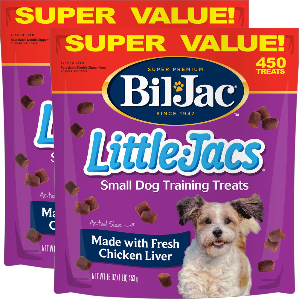 Bil-Jac Little Jacs bag open showing fresh training treats for small dogs.