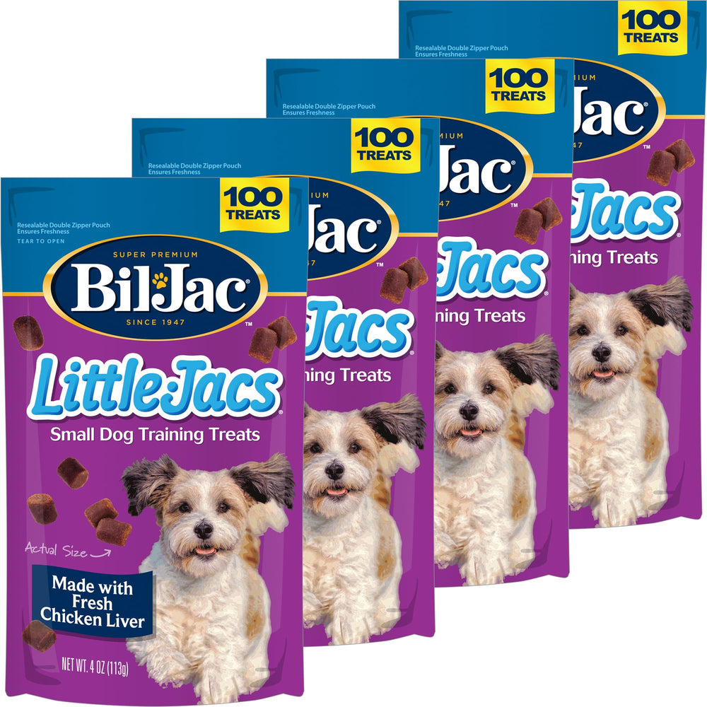 Bil-Jac Little Jacs training treats with chicken liver in a 4-oz pack for effective rewards.