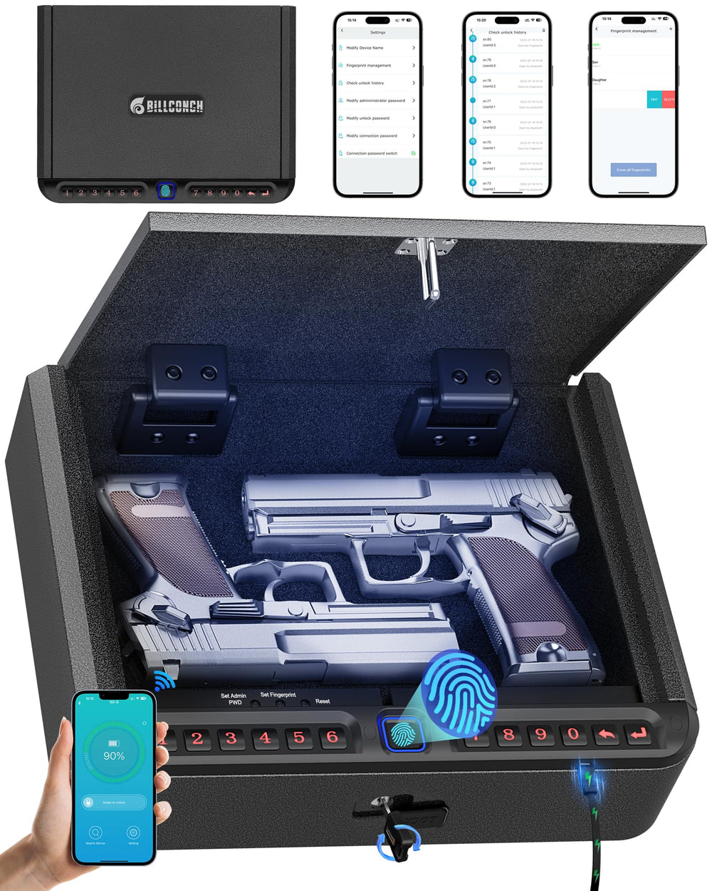 BILLCONCH biometric gun safe front view for fast bedside access