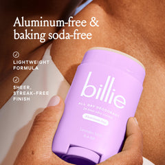 Billie All Day Deodorant Lavender Milk underarm swipe shows quick-drying, lightweight formula.