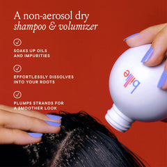 Billie Floof Dry Shampoo dissolves into dark hair for invisible texture.