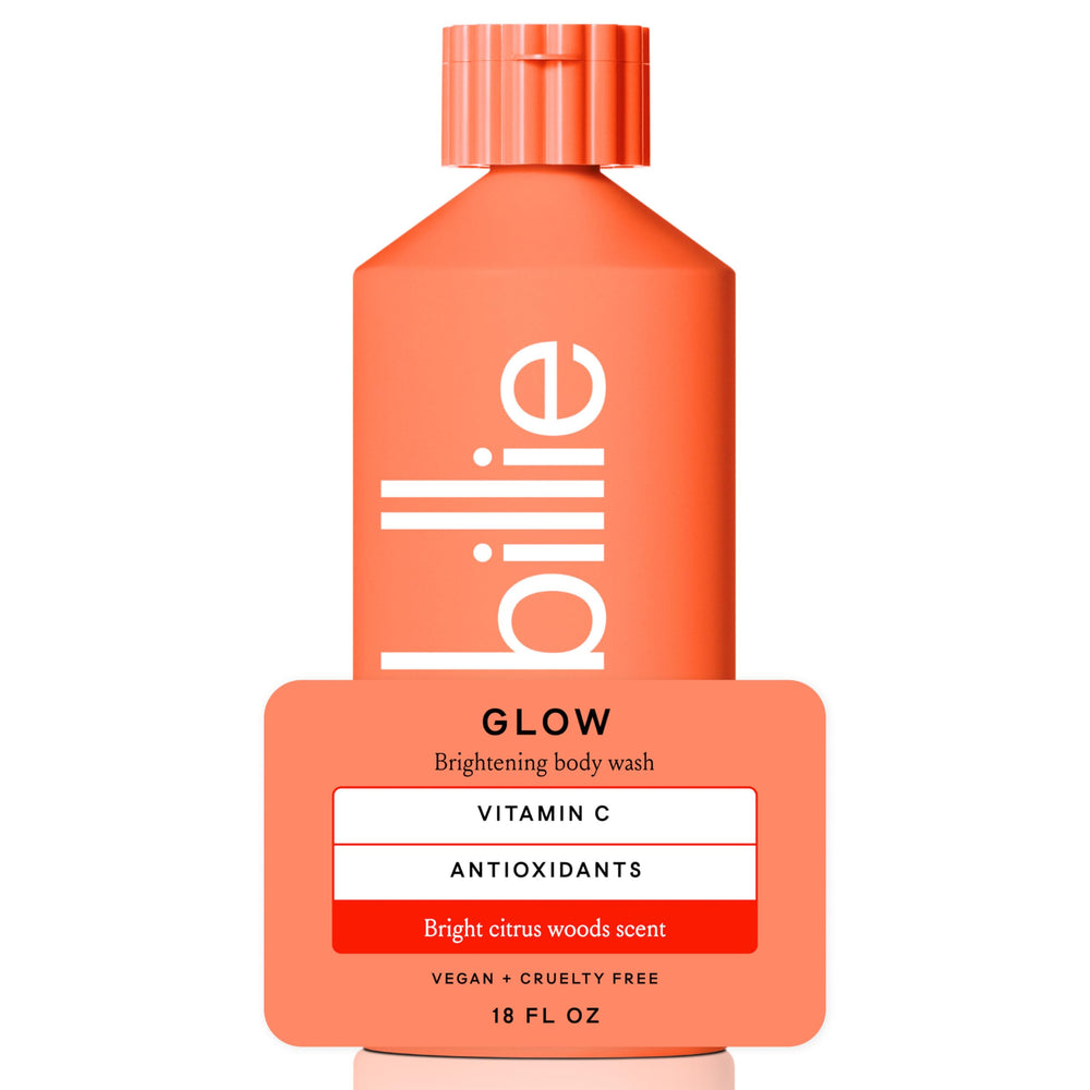 Billie Glow brightening body wash bottle with citrus scent for a refreshing cleanse.