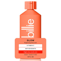 Billie Glow brightening body wash bottle with citrus scent for a refreshing cleanse.
