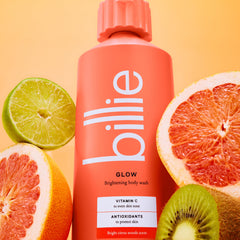 Billie Glow packaging highlights a dermatology-tested, skin-friendly formula.