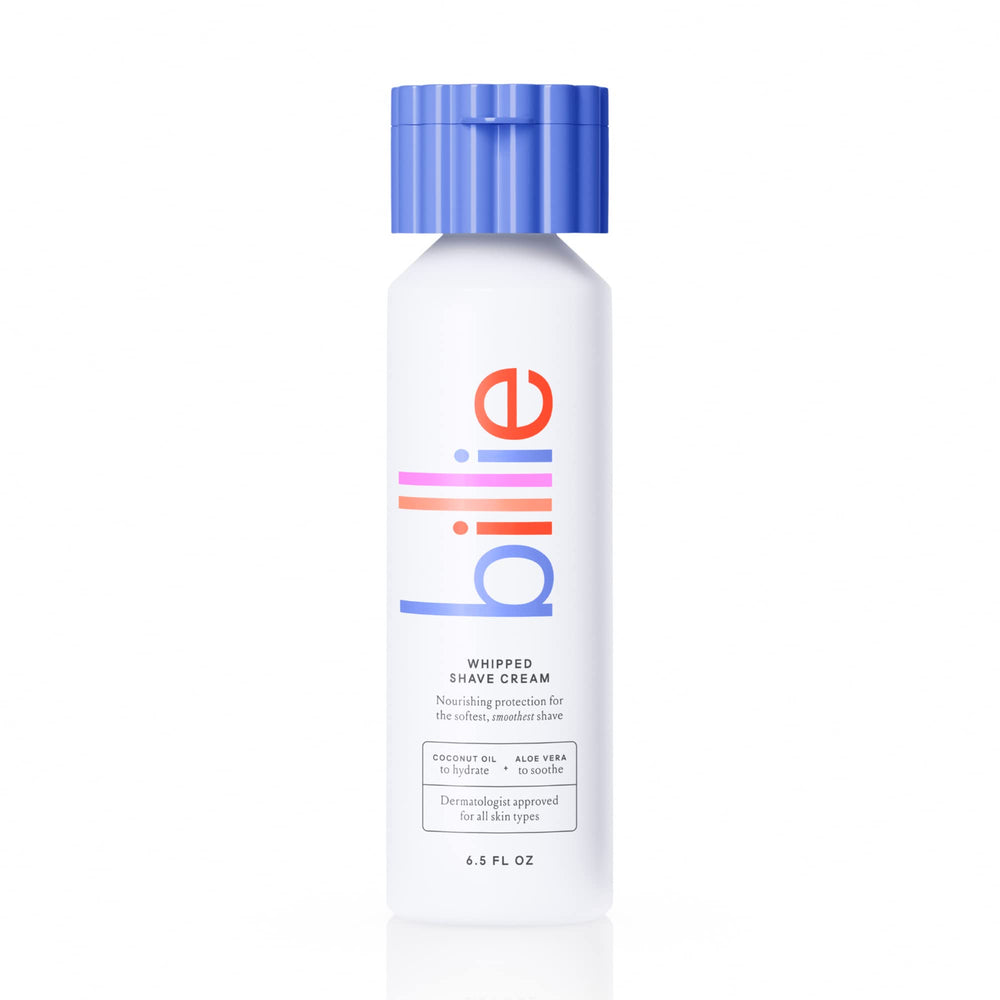Billie Whipped Shave Cream jar closeup highlights nourishing shea butter for hydrated skin.