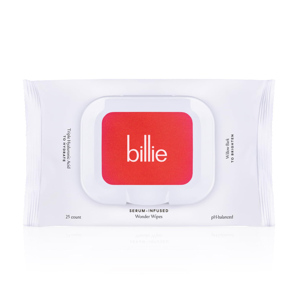 Billie Wonder Wipes packaging close-up, fragrance-free makeup removal for sensitive skin.