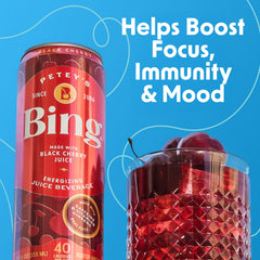 Bing Energizing Juice Original Cherry label emphasizes taurine and ginseng for an energized feel