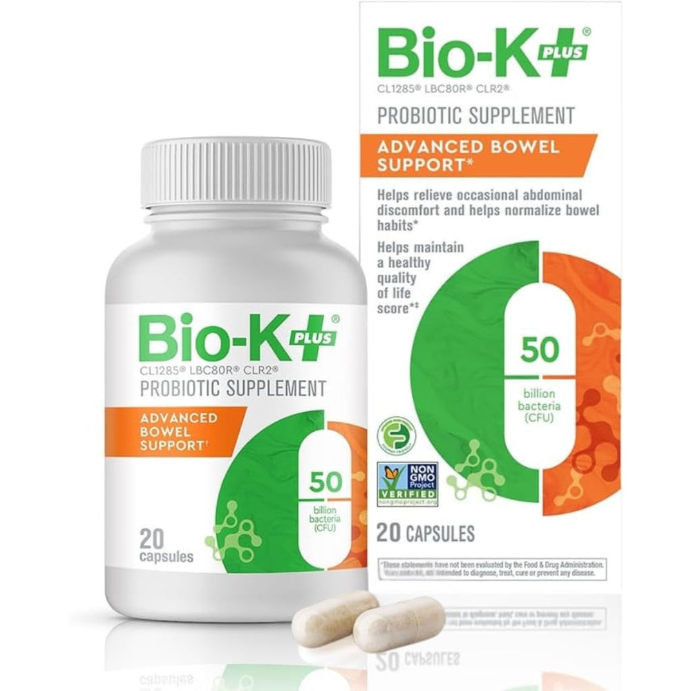 Bio-K Plus advanced bowel support bottle shown for convenient daily probiotic use supporting digestive balance.