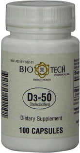 Bio-Tech Pharmacal D3-50 bottle with 100 capsules for weekly vitamin D support.