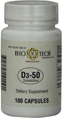 Bio-Tech Pharmacal D3-50 bottle with 100 capsules for weekly vitamin D support.