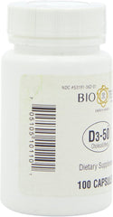 Bio-Tech Pharmacal D3-50 capsules neatly arranged inside bottle.