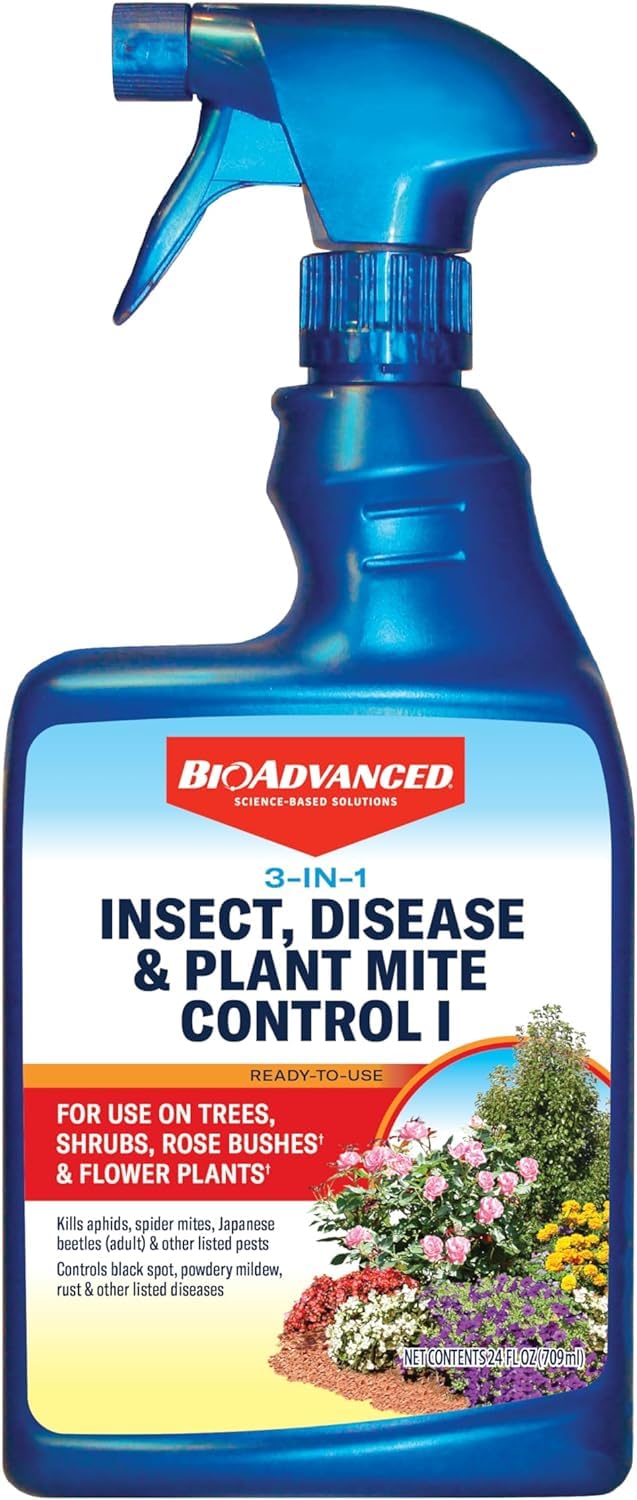 BioAdvanced 3-in-1 bottle label close-up showing pest and disease protection.