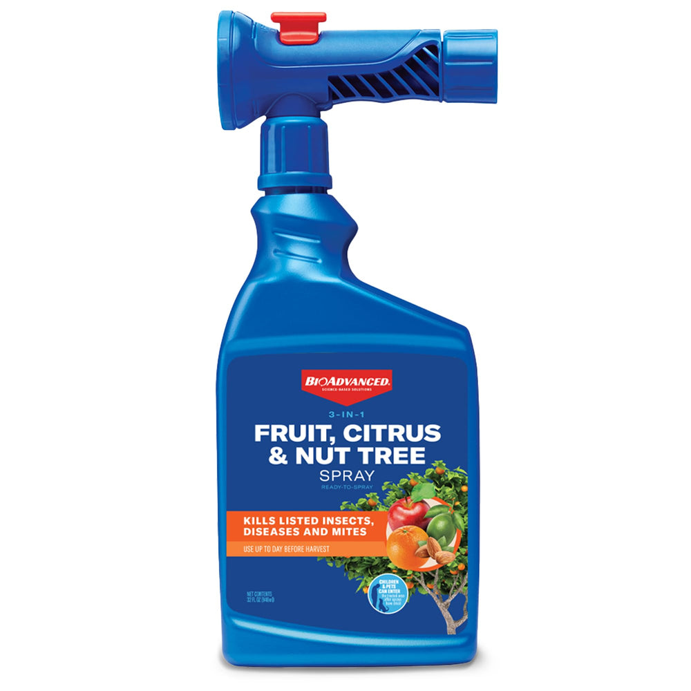 BioAdvanced 3-in-1 fruit-citrus-nut tree spray bottle for convenient home garden protection.