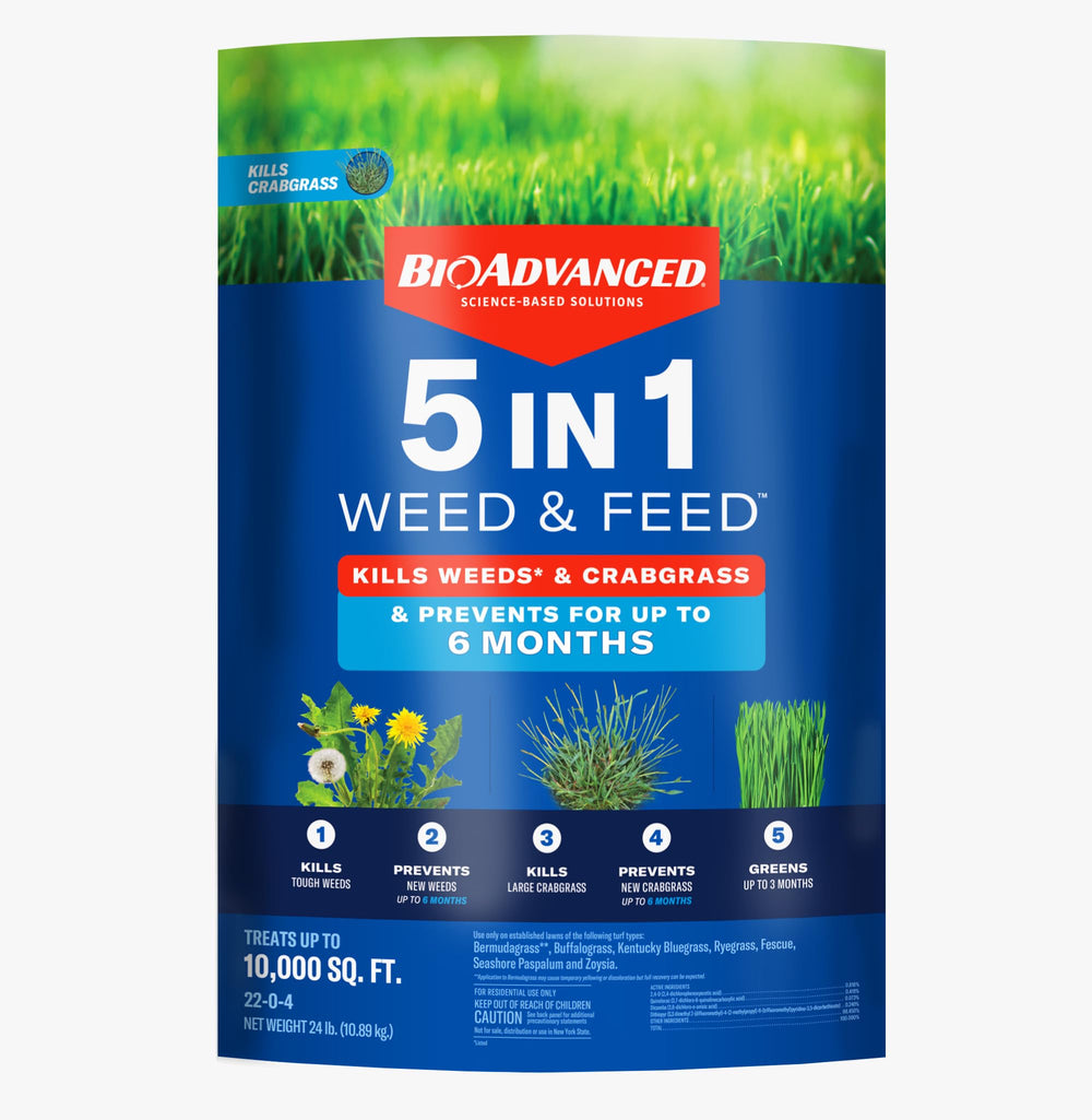 BioAdvanced 5 In 1 weed and feed granules bag supports spring and summer lawn care.