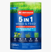 BioAdvanced 5 In 1 weed and feed granules bag supports spring and summer lawn care.
