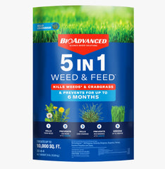 BioAdvanced 5 In 1 weed and feed granules bag supports spring and summer lawn care.