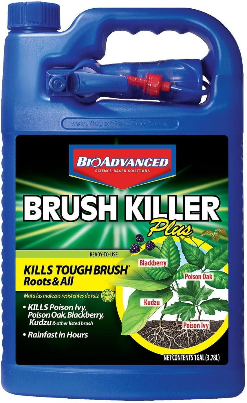 BioAdvanced Brush Killer Plus 1-gallon bottle targets tough brush at the root for landscape cleanup.