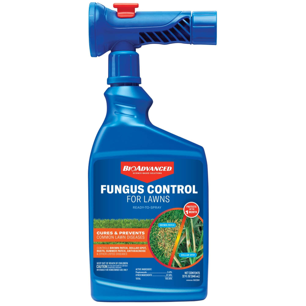 BioAdvanced Fungus Control for Lawns bottle closeup showing ready-to-use spray.