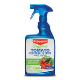 BioAdvanced Organics blue bottle applied to tomato plants to deter pests.