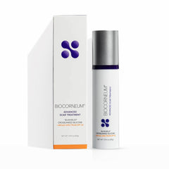 BIOCORNEUM Advanced Scar Gel bottle closeup highlighting premium silicone technology for scar care.