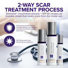 BIOCORNEUM SPF 30 label on tube highlighting sun protection for scar recovery.