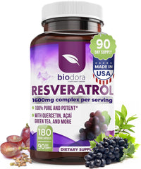 Biodora Resveratrol bottle close-up highlighting the antioxidant blend and product name.