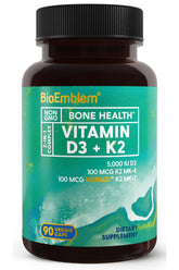 BioEmblem Vitamin D3 K2 bottle front shows 90 vegetarian capsules for daily wellness.