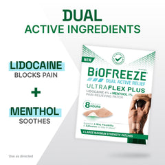Biofreeze Ultraflex Plus patch on neck for flexible cooling relief.