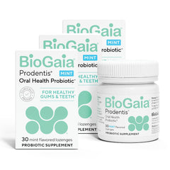 BioGaia Prodentis mint lozenges in packaging support oral microbiome balance.