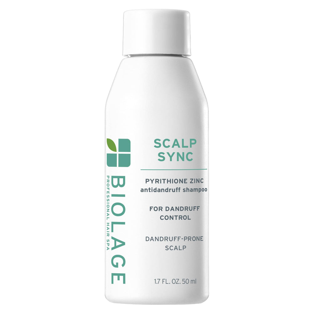 Biolage Scalp Sync shampoo bottle with vegan formula aimed at reducing flakes.