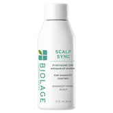 Biolage Scalp Sync shampoo bottle with vegan formula aimed at reducing flakes.