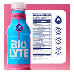 BIOLYTE Fruit Punch bottle being poured for quick hydration.
