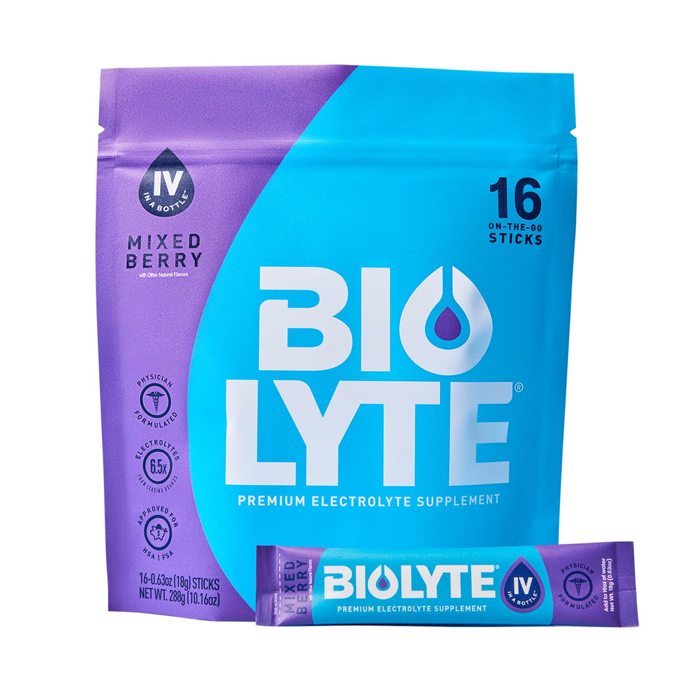 BIOLYTE IV electrolyte powder packets ready for on the go hydration
