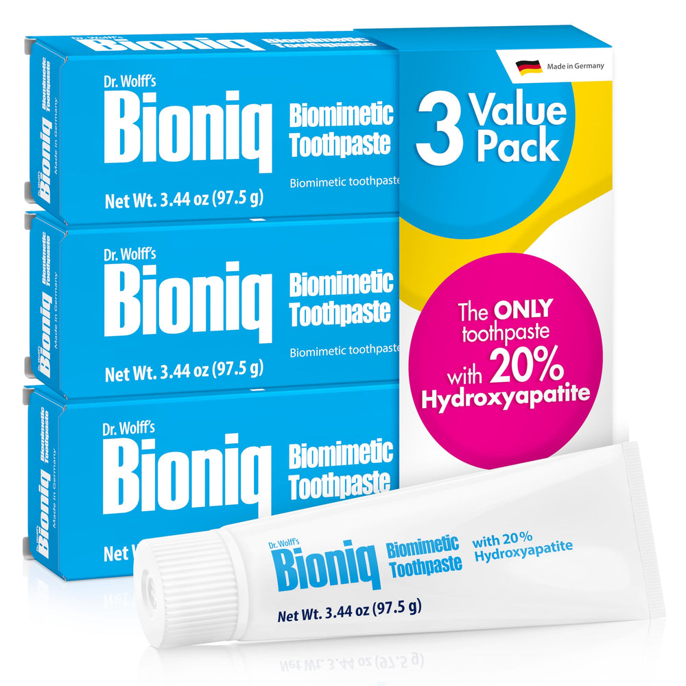 Bioniq Classic BioHAP toothpaste tube emphasizes enamel-friendly biomimetic hydroxyapatite.