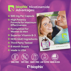 Biophix B-3 Nicotinamide capsules close-up show easy-to-swallow softgels for daily skin support